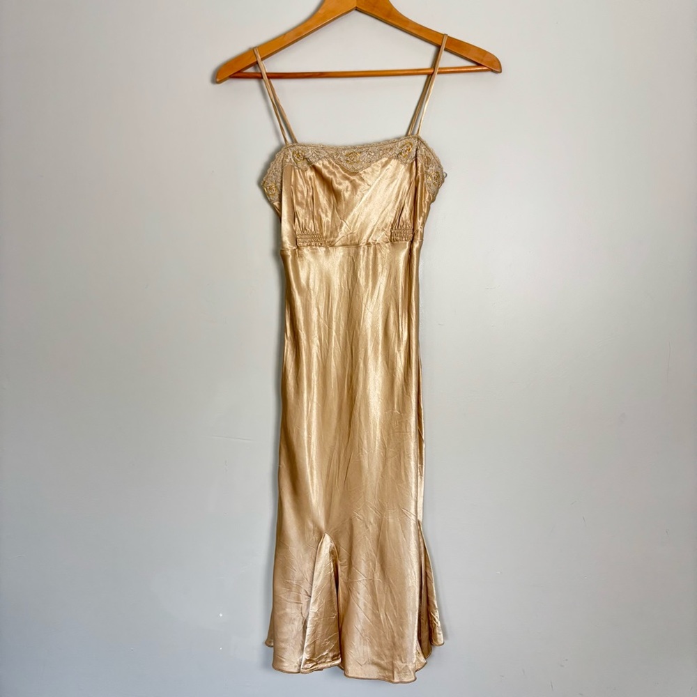 VTG 90s Y2K Wet Seal Gold Satin Midi Slip Dress-Sz 3 (XS)-Beaded Lace Trim-Fairy